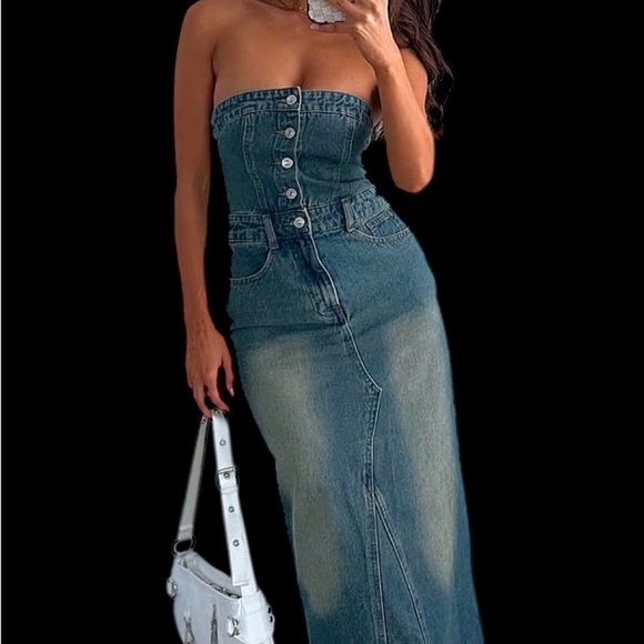 White Fox Boutique Denim Maxi Dress - Picture 2 of 16